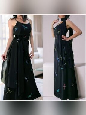 NWOT Cassandra Stone Elegant Black Dragonfly Maxi Dress With Matching Scarf
